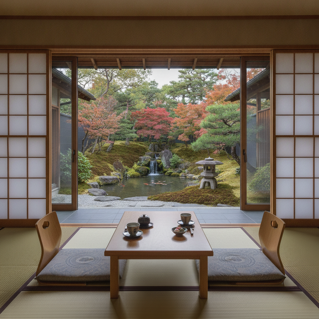 甲府市内で、客室から美しい日本庭園を眺められる、静かで落ち着いた雰囲気の旅館はどこですか？